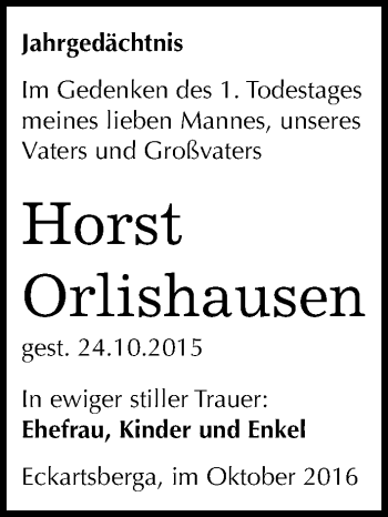 Traueranzeige von Horst Orlishausen von Mitteldeutsche Zeitung Naumburg/Nebra