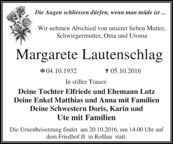 Traueranzeige von Margarete Lautenschlag von Super Sonntag Dessau / Köthen