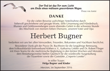 Traueranzeige von Herbert Bugner von Mitteldeutsche Zeitung Köthen