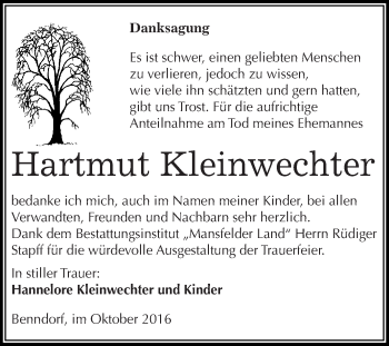 Traueranzeige von Hartmut Kleinwechter von Wochenspiegel Mansfelder Land