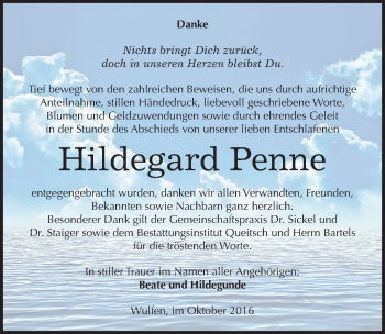 Traueranzeige von Hildegard Penne von Mitteldeutsche Zeitung Köthen