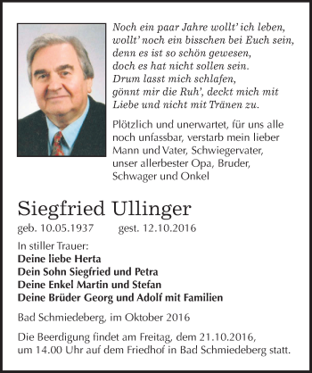 Traueranzeige von Siegfried Ullinger von Mitteldeutsche Zeitung Wittenberg