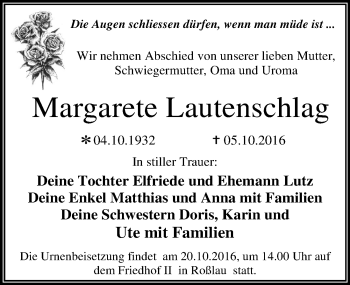 Traueranzeige von Margarete Lautenschlag von Mitteldeutsche Zeitung Dessau-Roßlau