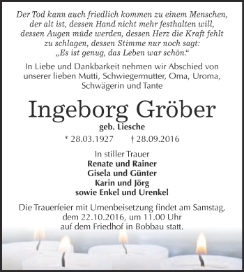 Traueranzeige von Ingeborg Gröber von WVG - Wochenspiegel Bitterfeld