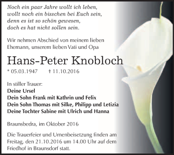 Traueranzeige von Hans-Peter Knobloch von WVG - Wochenspiegel Merseburg