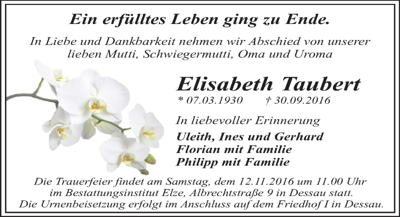  Traueranzeige für Elisabeth Taubert vom 29.10.2016 aus Mitteldeutsche Zeitung Dessau-Roßlau