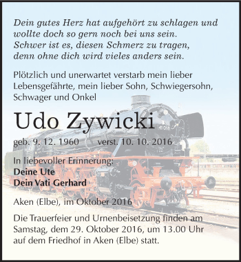 Traueranzeige von Udo Zywicki von Mitteldeutsche Zeitung Köthen