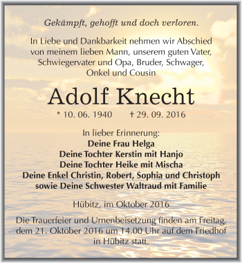 Traueranzeige von Adolf Knecht von Mitteldeutsche Zeitung Mansfelder Land