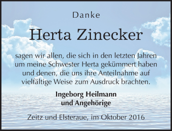 Traueranzeige von Herta Zinecker von Mitteldeutsche Zeitung Zeitz