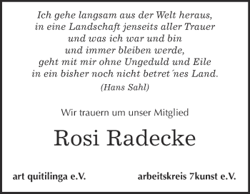 Traueranzeige von Rosi Radecke von Super Sonntag Quedlinburg