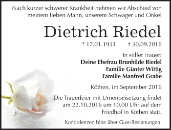 Traueranzeige von Dietrich Riedel von Mitteldeutsche Zeitung Köthen