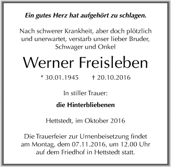 Traueranzeige von Werner Freisleben von Mitteldeutsche Zeitung Mansfelder Land