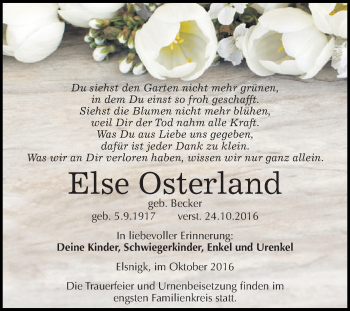 Traueranzeige von Else Osterland von WVG - Wochenspiegel Dessau / Köthen