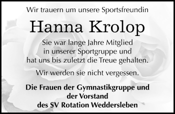Traueranzeige von Hanna Krolop von Mitteldeutsche Zeitung Quedlinburg