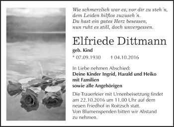 Traueranzeige von Elfriede Dittmann von WVG - Wochenspiegel Bitterfeld
