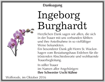 Traueranzeige von Ingeborg Burghardt von Wochenspiegel Mansfelder Land