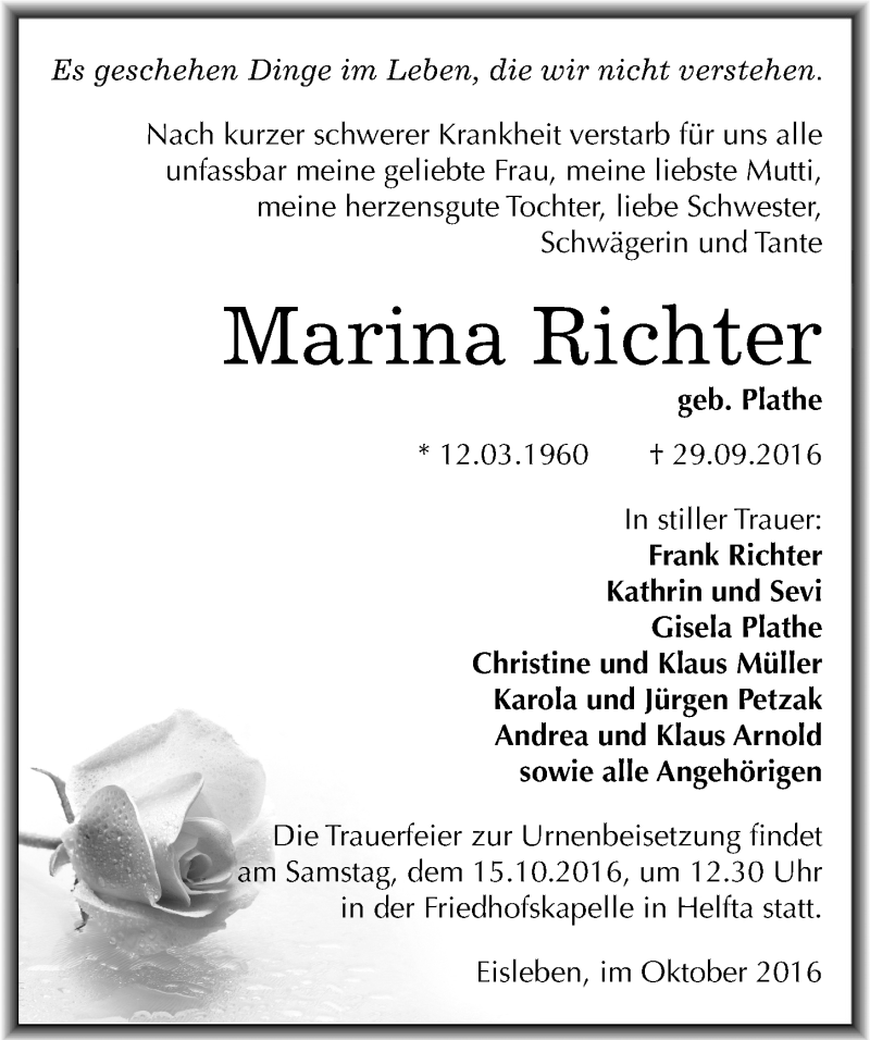  Traueranzeige für Marina Richter vom 08.10.2016 aus Mitteldeutsche Zeitung Mansfelder Land