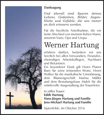 Traueranzeige von Werner Hartung von WVG - Wochenspiegel Quedlinburg