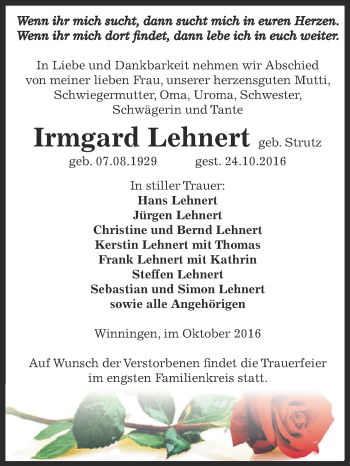 Traueranzeige von Irmgard Lehnert von Super Sonntag Aschersleben
