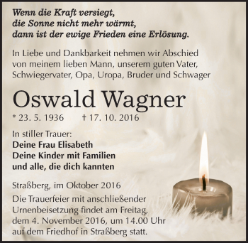 Traueranzeige von Oswald Wagner von Mitteldeutsche Zeitung Quedlinburg