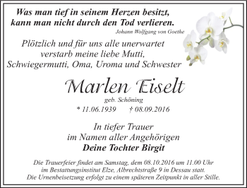 Traueranzeige von Marlen Eiselt von Mitteldeutsche Zeitung Dessau-Roßlau