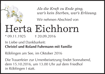 Traueranzeige von Herta Eichhorn von Mitteldeutsche Zeitung Mansfelder Land