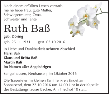 Traueranzeige von Ruth Baß von Mitteldeutsche Zeitung Sangerhausen