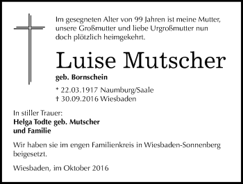 Traueranzeige von Luise Mutscher von Mitteldeutsche Zeitung Naumburg/Nebra