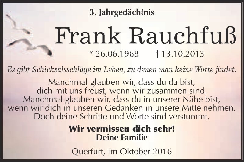  Traueranzeige für Frank Rauchfuß vom 12.10.2016 aus Super Sonntag Merseburg
