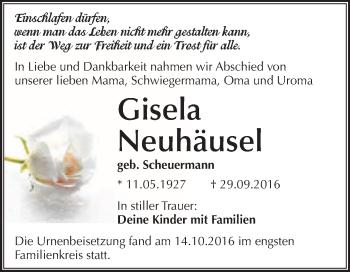 Traueranzeige von Gisela Neuhäusel von WVG - Wochenspiegel Merseburg