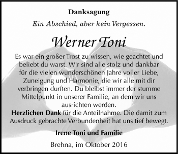 Traueranzeige von Werner Toni von Mitteldeutsche Zeitung Bitterfeld