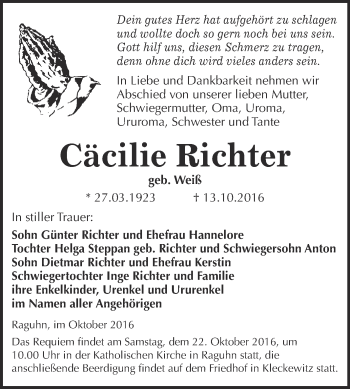 Traueranzeige von Cäcilie Richter von WVG - Wochenspiegel Bitterfeld