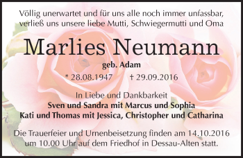 Traueranzeige von Marlies Neumann von Mitteldeutsche Zeitung Dessau-Roßlau