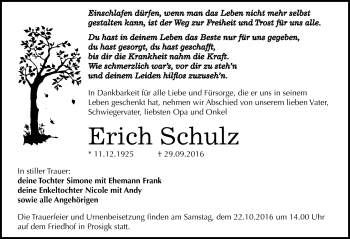 Traueranzeige von Erich Schulz von Mitteldeutsche Zeitung Köthen