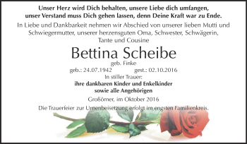Traueranzeige von Bettina Scheibe von Super Sonntag SGH Mansf. Land