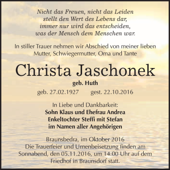 Traueranzeige von Christa Jaschonek von WVG - Wochenspiegel Merseburg