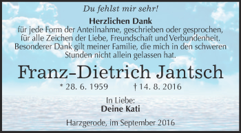 Traueranzeige von Franz-Dietrich Jantsch von WVG - Wochenspiegel Quedlinburg