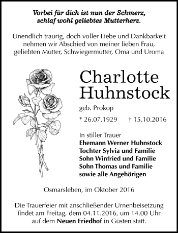 Traueranzeige von Charlotte Huhnstock von Mitteldeutsche Zeitung Bernburg