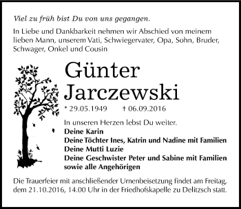 Traueranzeige von Günter Jarczewski von Mitteldeutsche Zeitung Bitterfeld