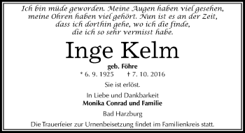Traueranzeige von Inge Kelm von Mitteldeutsche Zeitung Halle/Saalkreis
