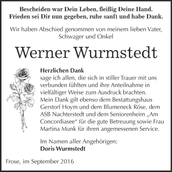 Traueranzeige von Werner Wurmstedt von Super Sonntag Aschersleben