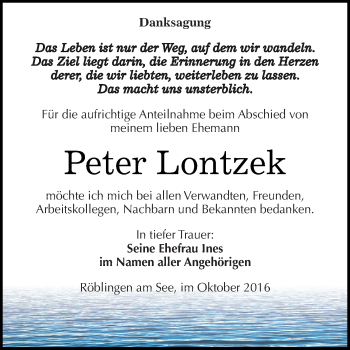 Traueranzeige von Peter Lontzek von Wochenspiegel Mansfelder Land