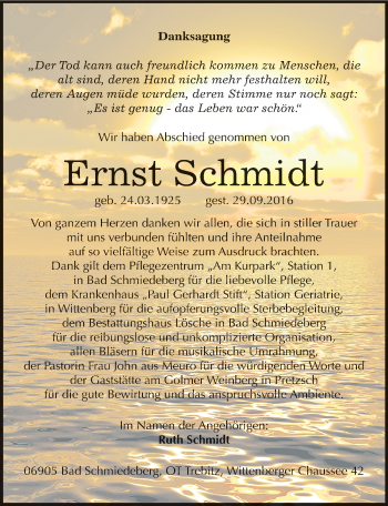 Traueranzeige von Ernst Schmidt von Mitteldeutsche Zeitung Wittenberg