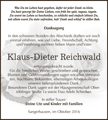 Traueranzeige von Klaus-Dieter Reichwald von WVG - Wochenspiegel SGH