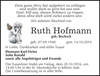 Traueranzeige von Ruth Hofmann von Mitteldeutsche Zeitung Bitterfeld