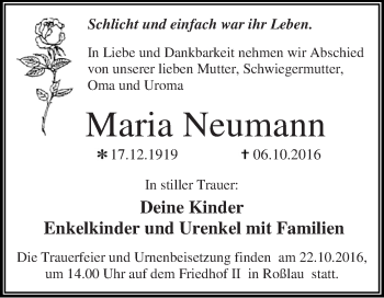 Traueranzeige von Maria Neumann von WVG - Wochenspiegel Dessau / Köthen