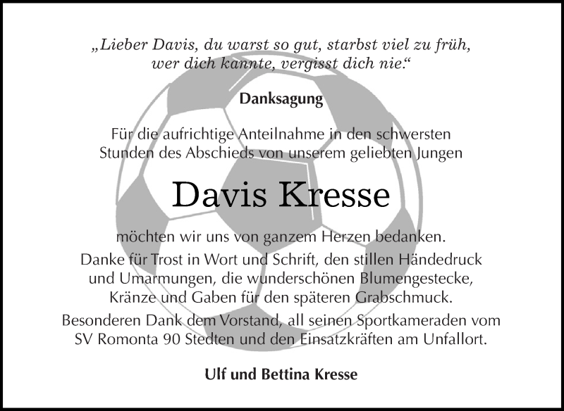  Traueranzeige für Davis Kresse vom 15.10.2016 aus Super Sonntag SGH Mansf. Land