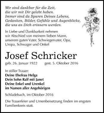 Traueranzeige von Josef Schricker von Mitteldeutsche Zeitung Merseburg/Querfurt