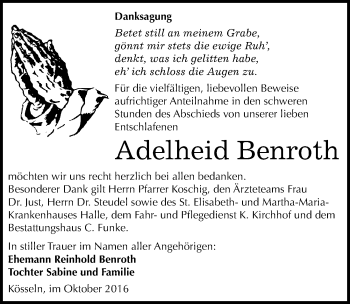 Traueranzeige von Adelheid Benroth von Mitteldeutsche Zeitung Halle/Saalkreis