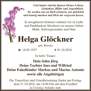 Traueranzeige von Helga Glöckner von WVG - Wochenspiegel Dessau / Köthen